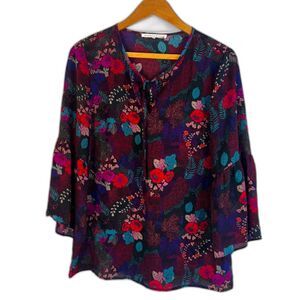 Violet & Claire Dark Floral Bell Sleeve Tie Neck Boho Peasant Blouse Size Medium